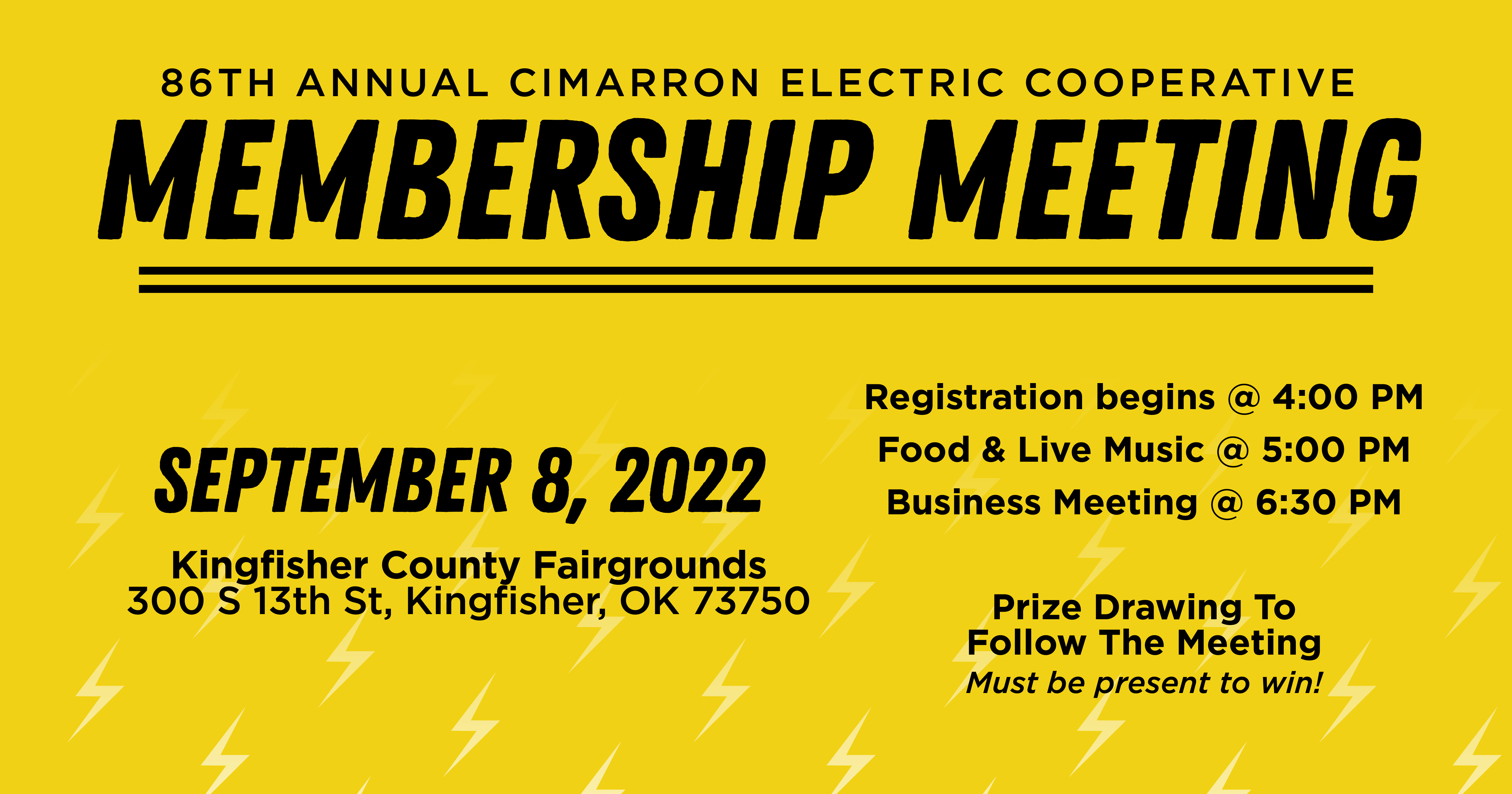 A black and yellow graphic over the "86th annual Cimarron Electric Cooperative Membership Meeting."